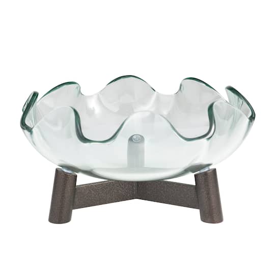 9" Clear Glass Floral Inspired Serving Bowl with Bronze Hammered Y-Shaped Stand